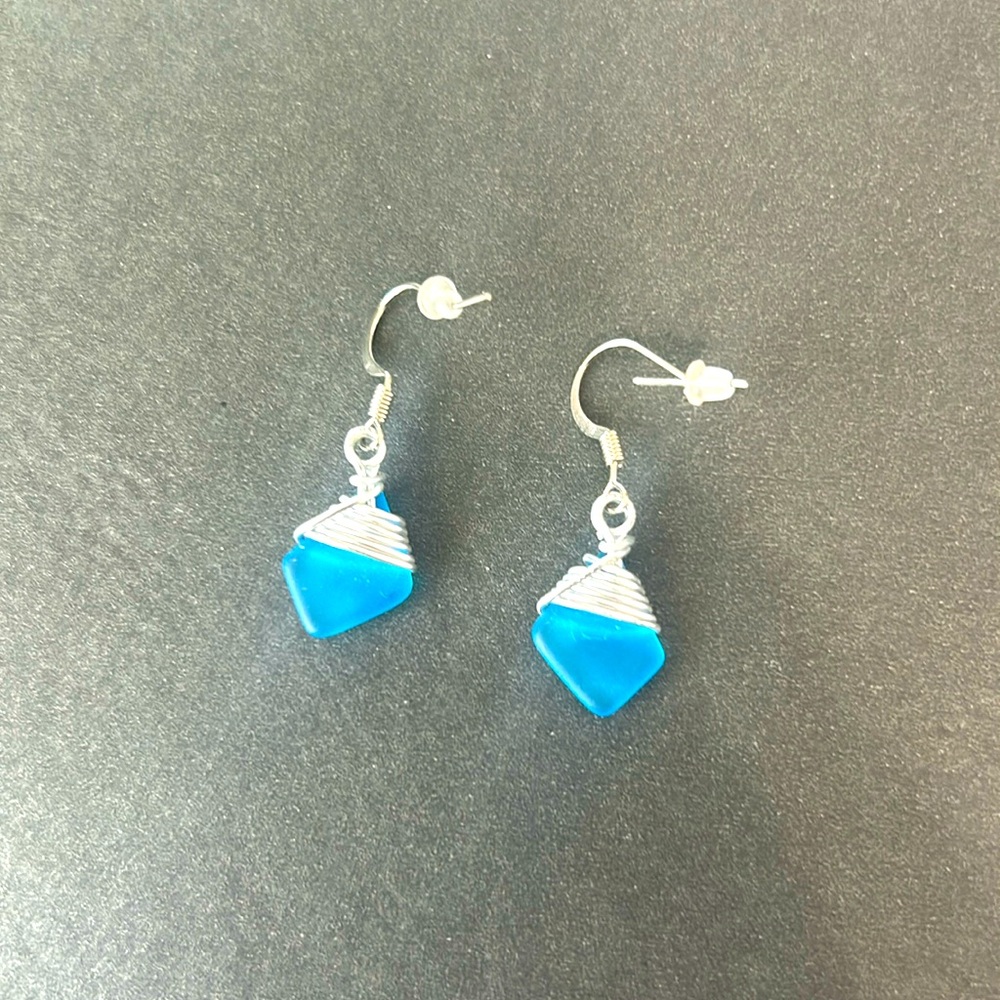 Blue sea glass dangle earrings